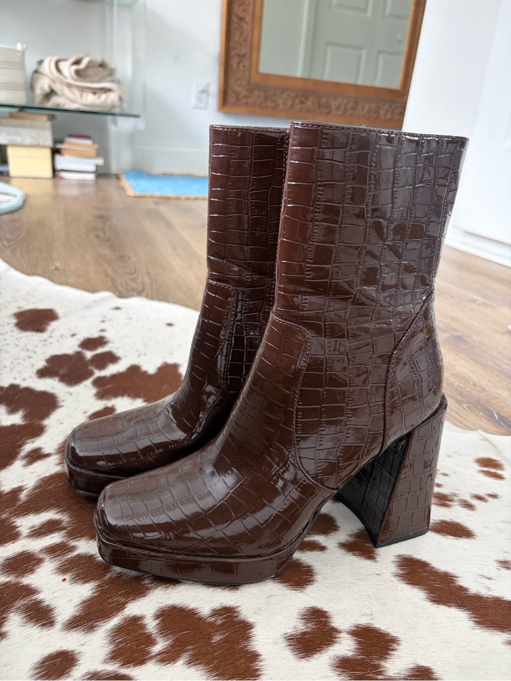 Forever 21 Dark Brown Croc-Embossed Platform Ankle Boots